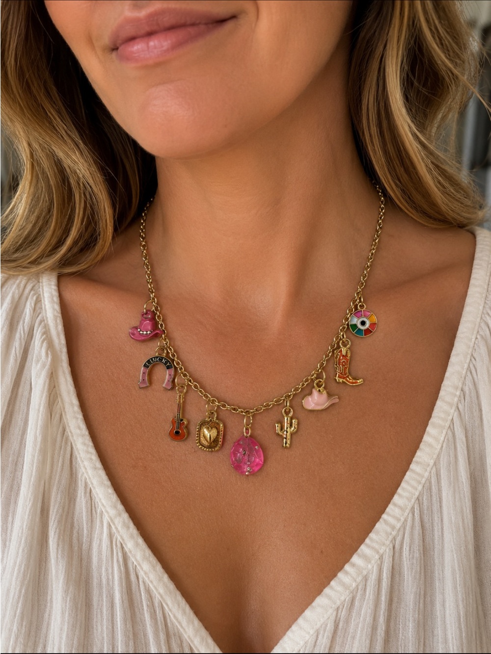Gold-Tone Western Charm Necklace with Pink & Multicolor Accents
